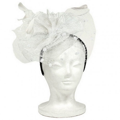 Fascinator Headbands - Sinamay w/ Feather + Dots - White - HB-S10-1687WT